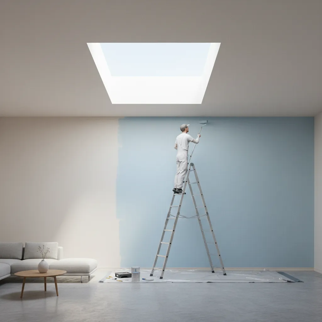 Painter using ladder to paint tall interior ceiling walls