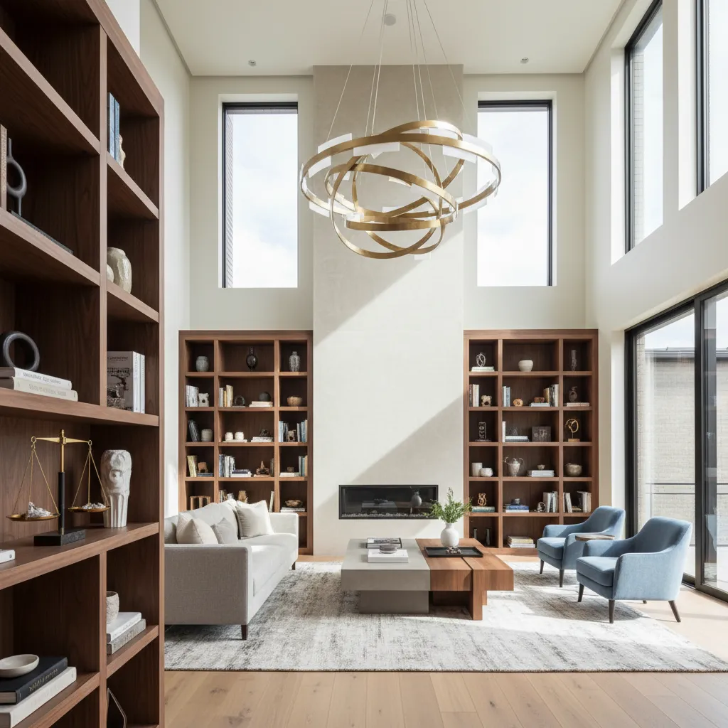 Sala con techo alto y lámpara grande para mantener la escala