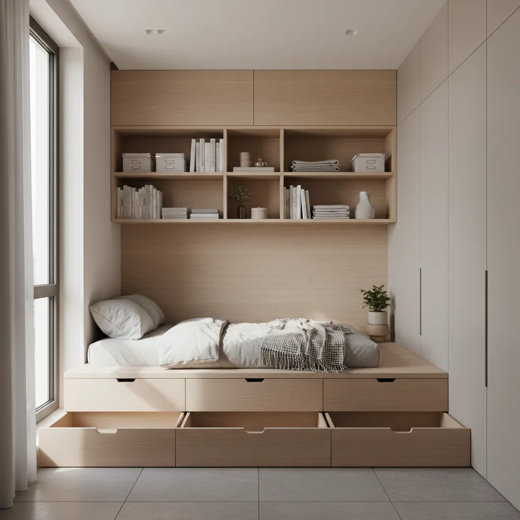 Hidden storage drawers and wall shelving in a compact micro apartment