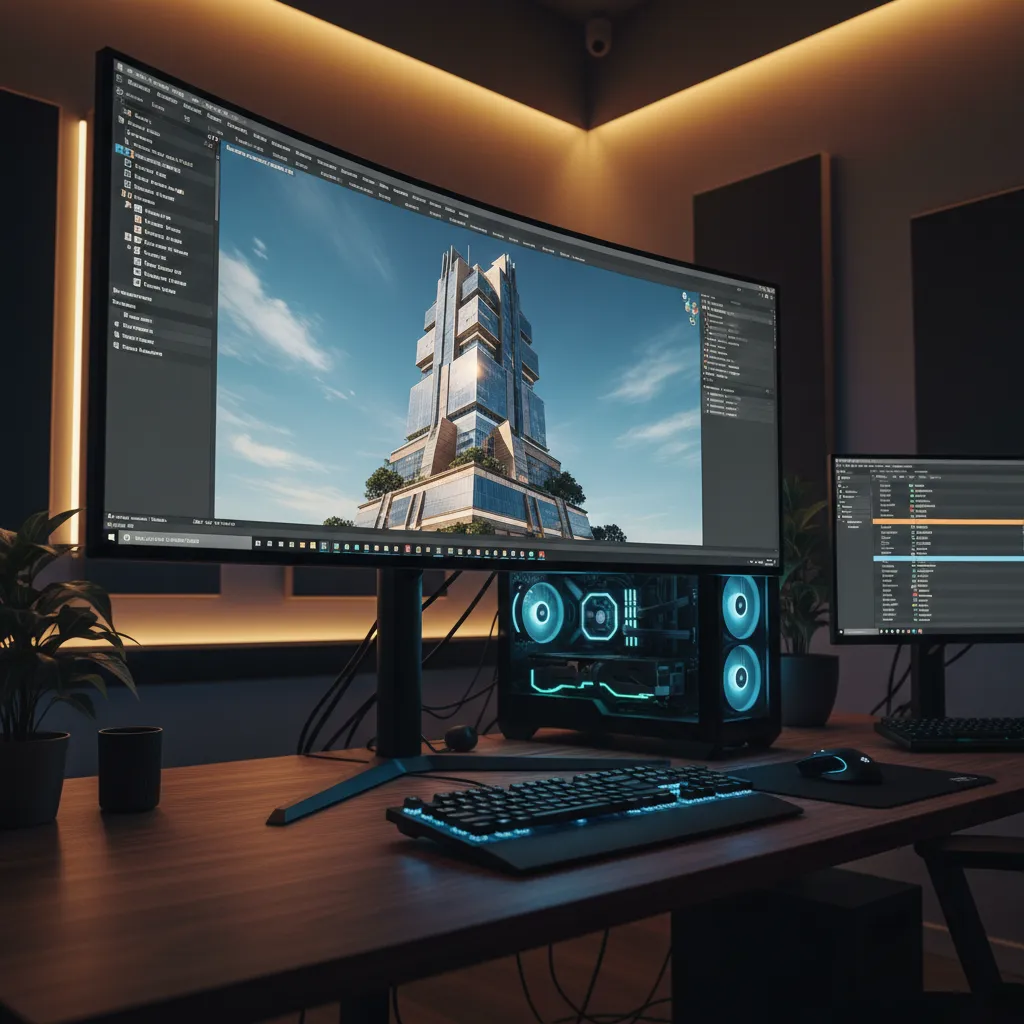 high end GPU workstation rendering complex architectural 3D scene