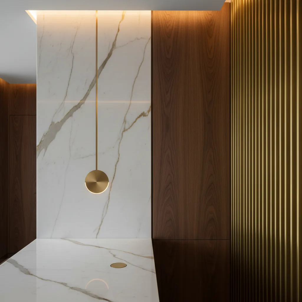 Detalle de interior elegante con mármol, madera y decoración minimalista