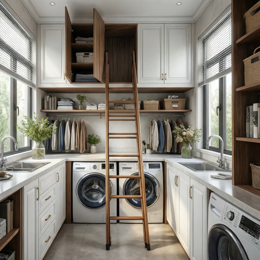 Laundry room with ladder access to high cabinets