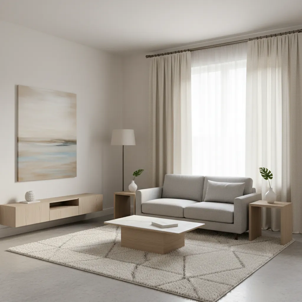 Curtain rod mounted near ceiling with long drapes in a small living room