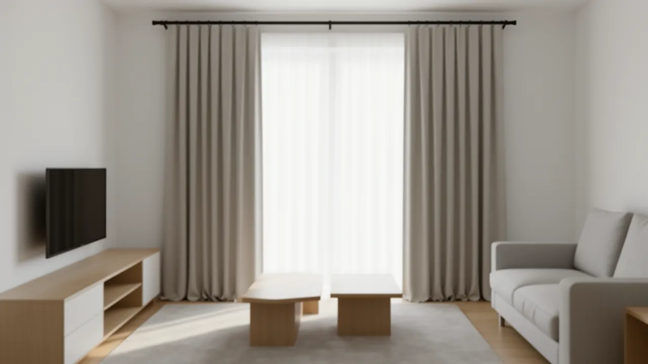 curtain rod mounted close to ceiling to make small living room appear taller