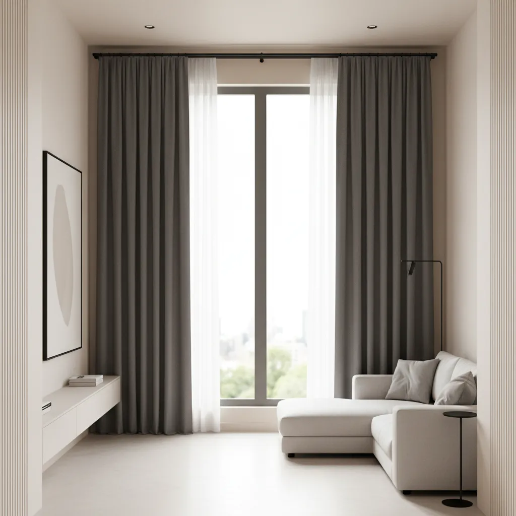 Curtains mounted higher and wider to make a small living room window appear larger