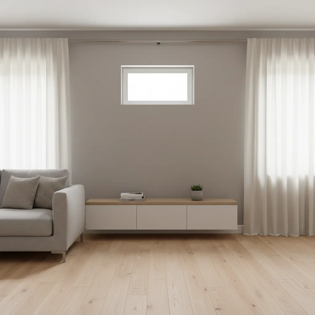 Curtains mounted higher and wider to make a small window appear larger