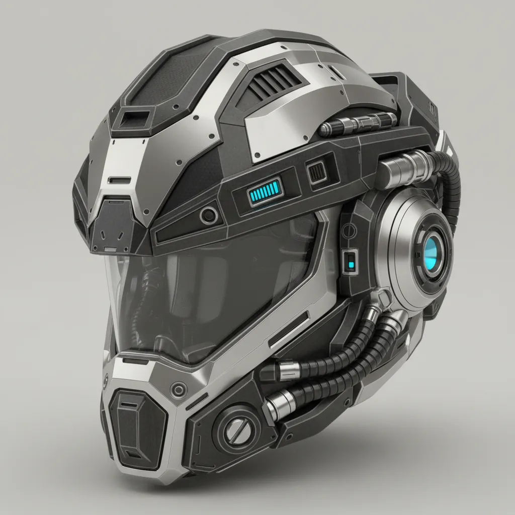 high polygon sci fi helmet model showing detailed panels and mechanical components