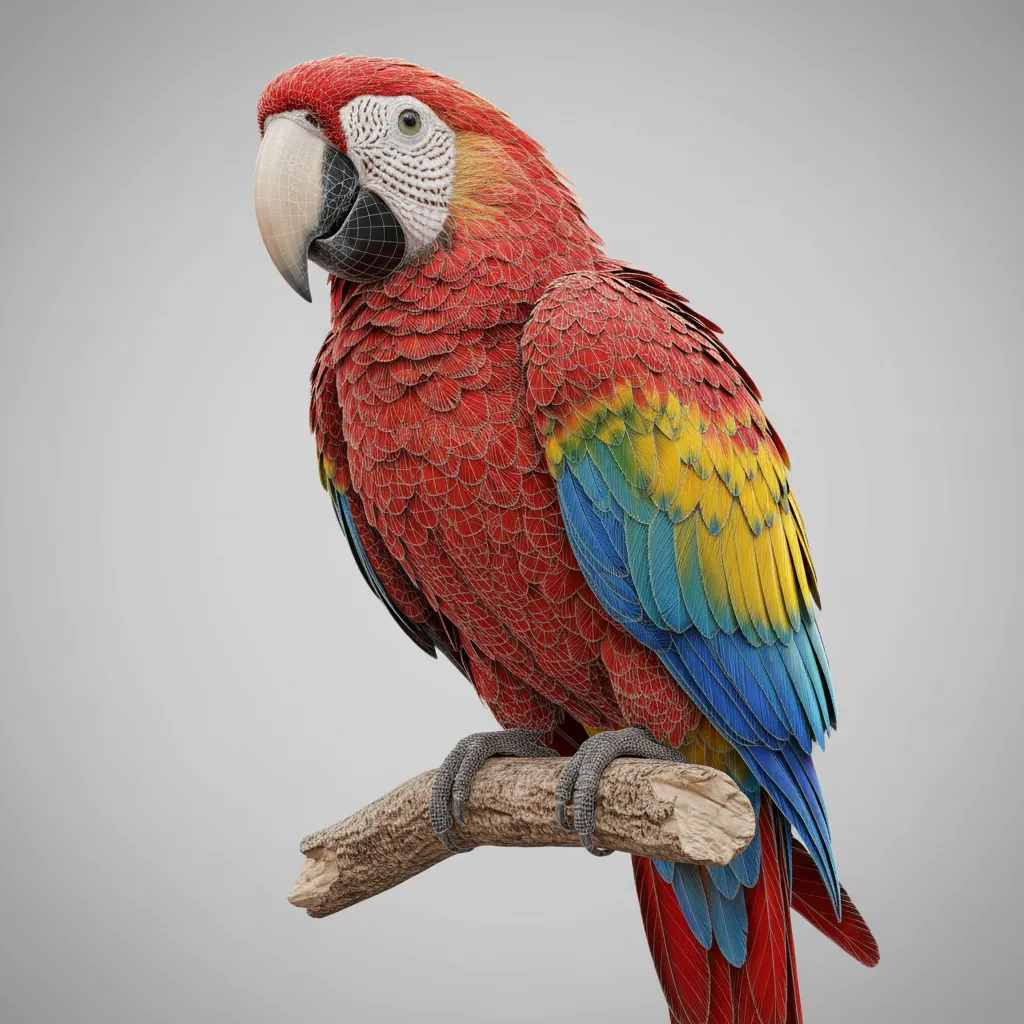 high detail 3D parrot model with complex feather geometry before optimization