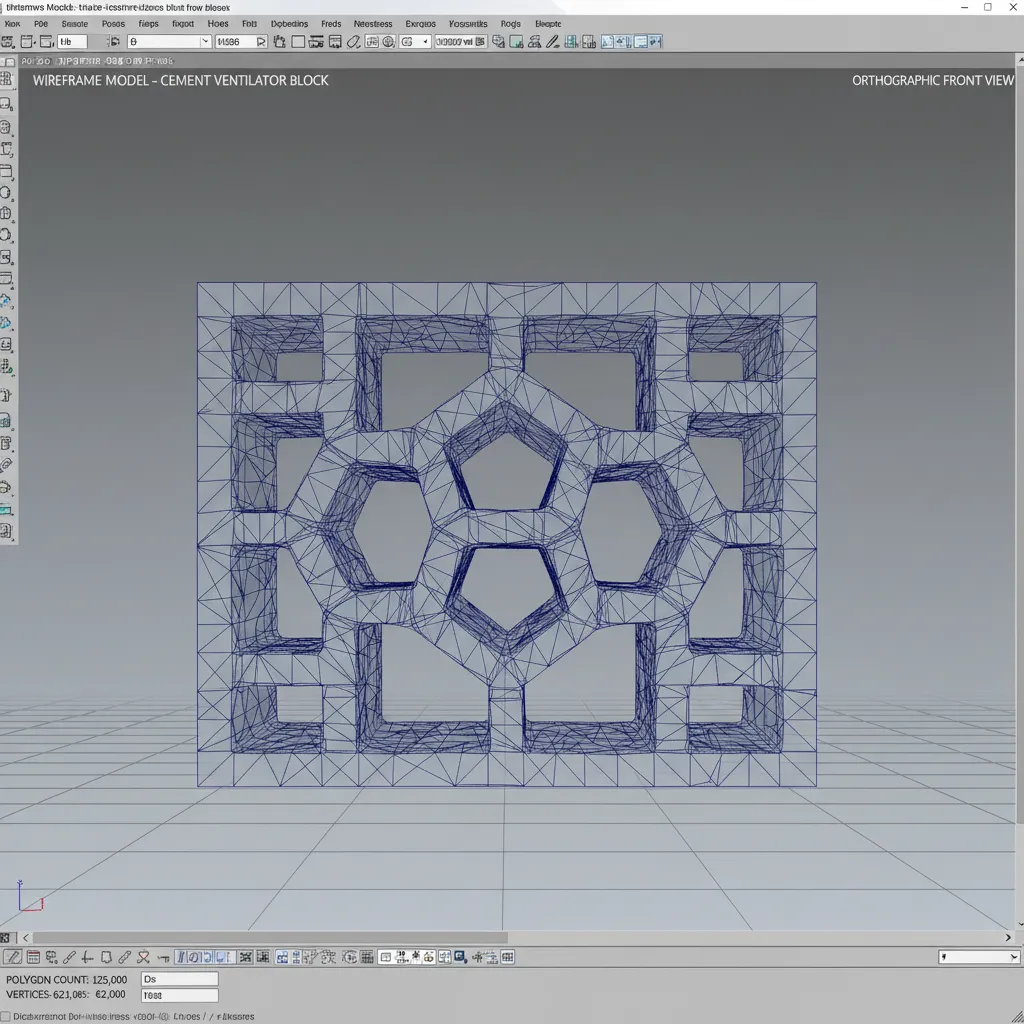 wireframe view showing dense polygon mesh of a cement ventilator model