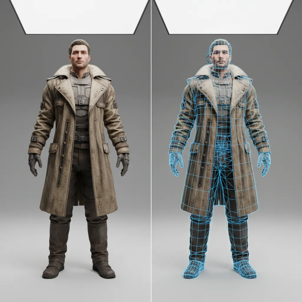 Comparison between high poly clothing model and optimized low poly game ready clothing mesh