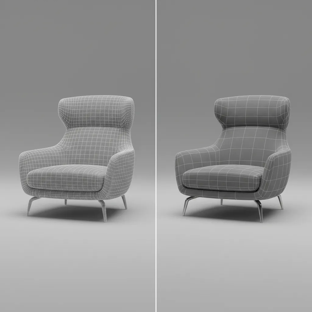 comparison of high polygon and optimized low polygon 3D chair model