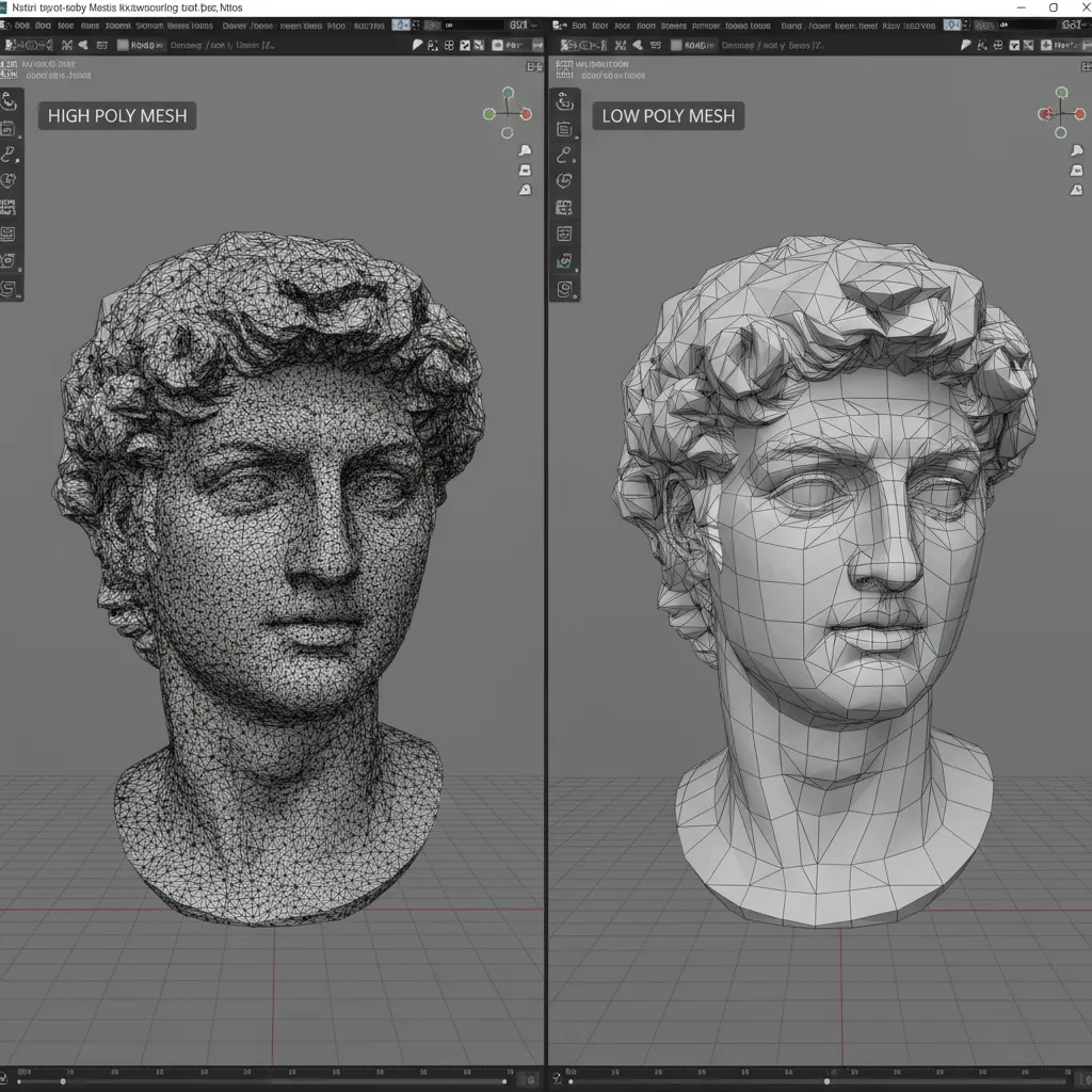 Comparison between high poly and optimized low poly 3D model mesh