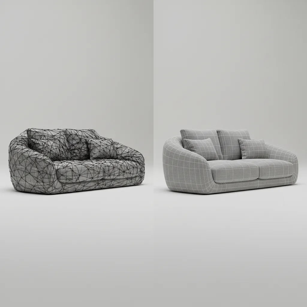 Comparison between high poly sofa model and optimized low poly version