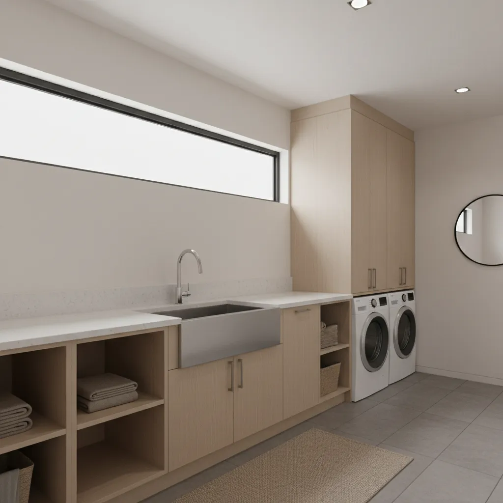 Laundry room with high horizontal privacy window near ceiling