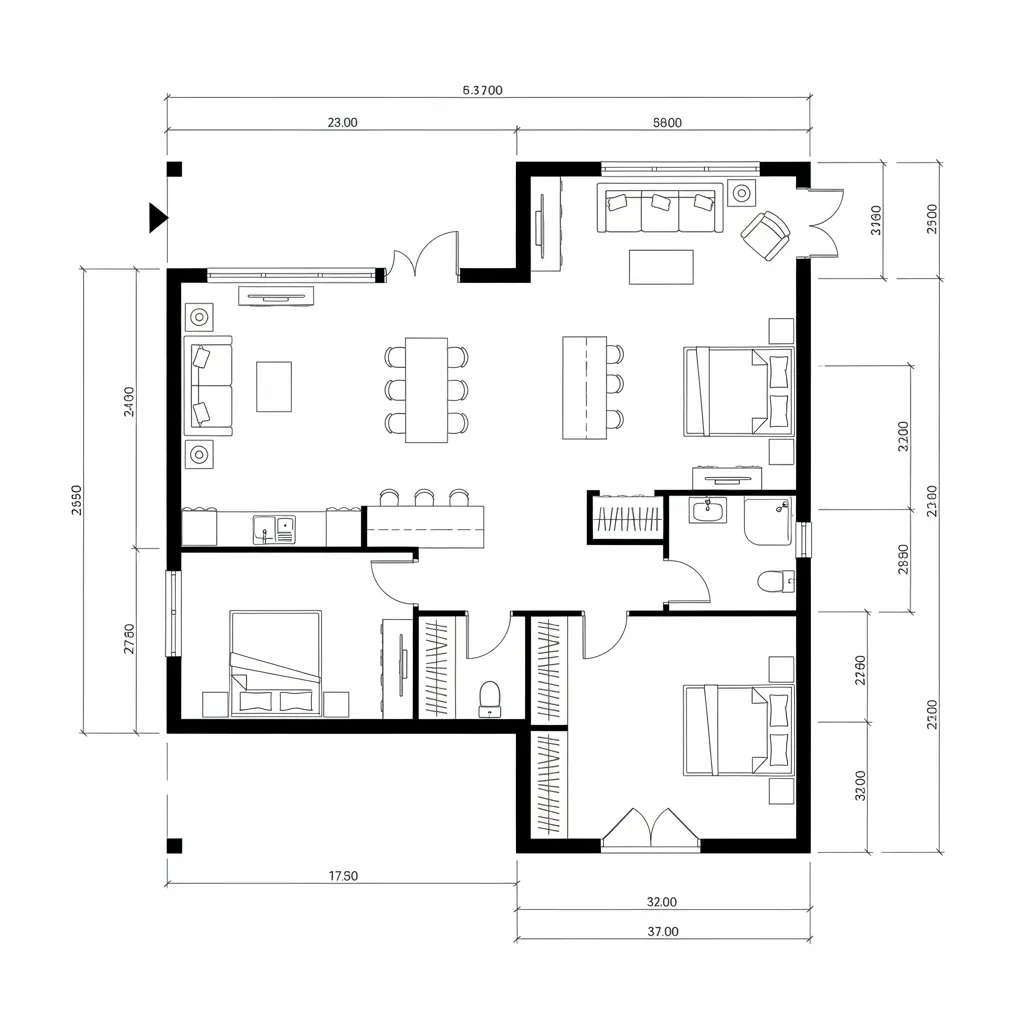 Detailed 2D house floor plan layout with dimensions showing bedrooms living room and kitchen area