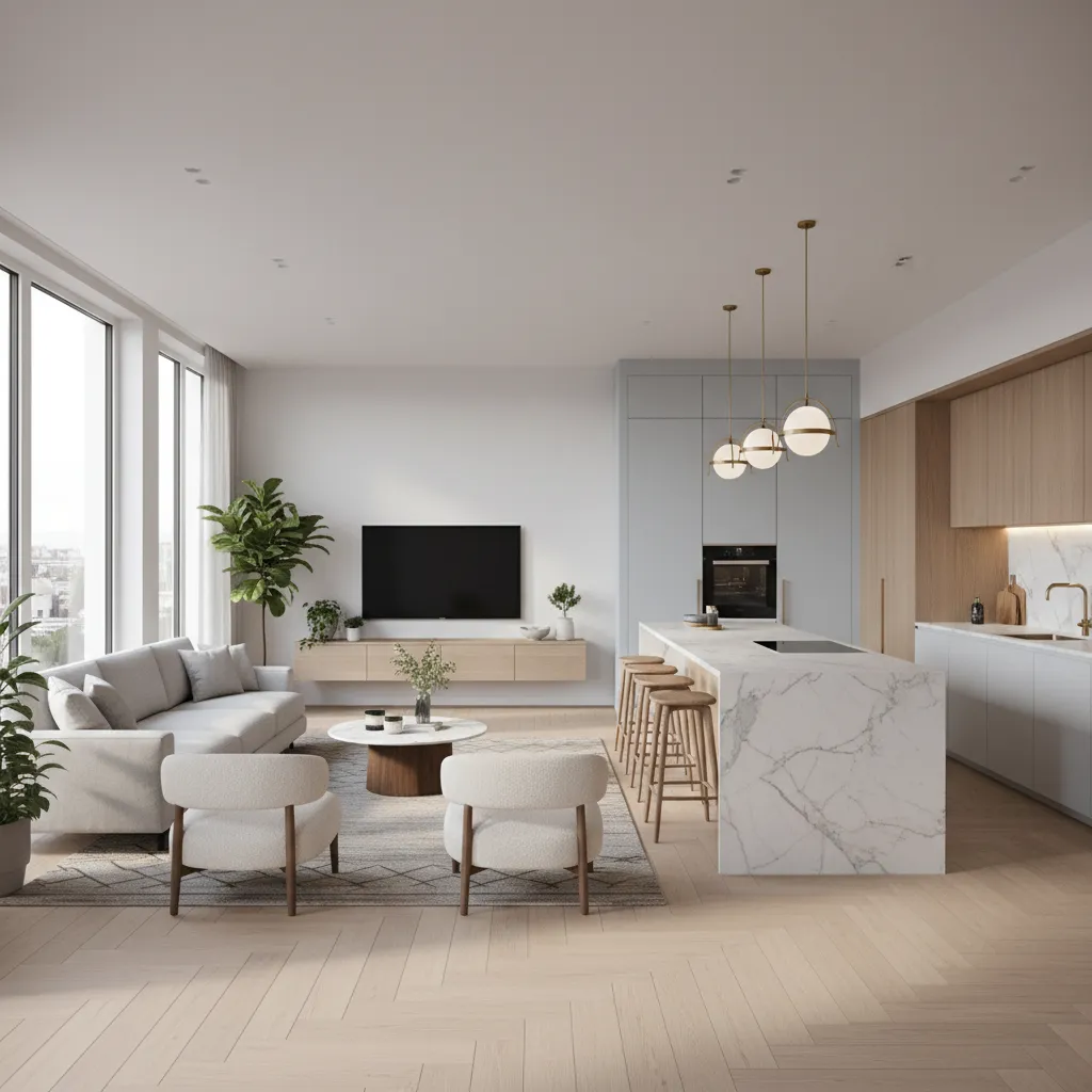 High quality photorealistic 3D render of a modern apartment interior
