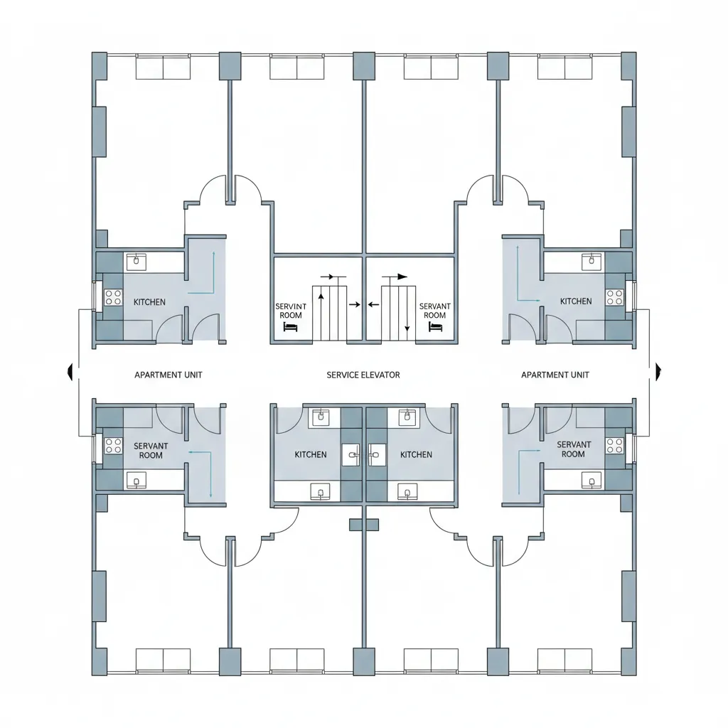 Diagram showing separate service corridor and elevator access in high rise apartment
