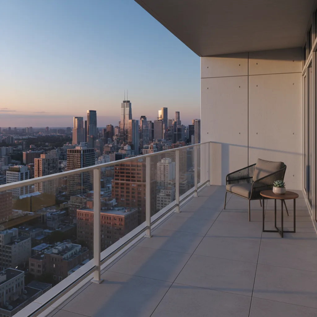 high-rise balcony with glass wind barrier and seating