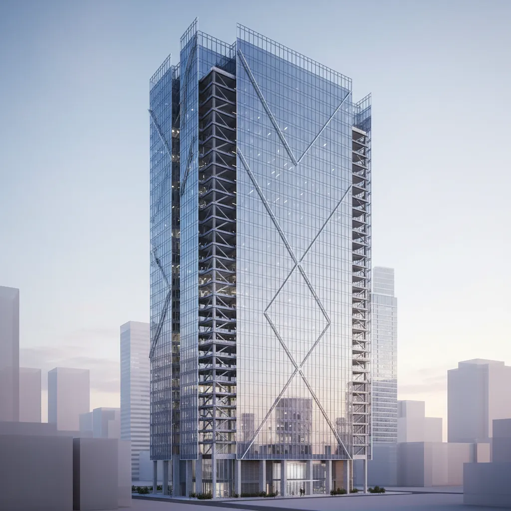 Modern glass office tower interior design drawing showing a high rise building with diamond shape