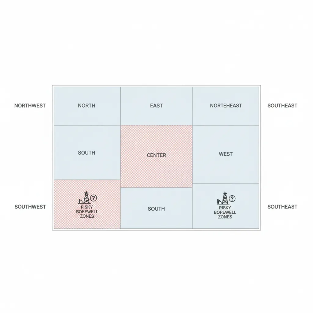 Diagram showing safe and risky areas for a water well placement within a rectangular property