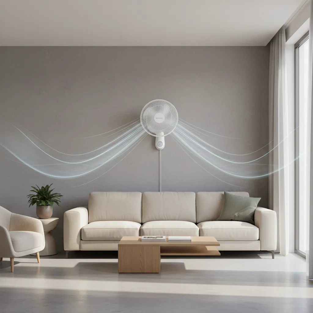 High speed wall fan mounted in modern living room showing airflow coverage