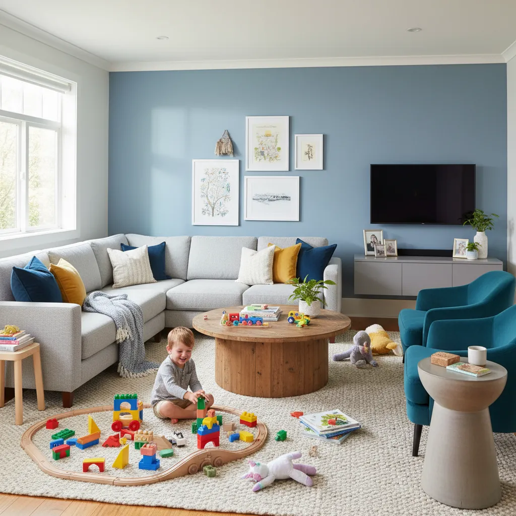 Family living room with durable satin painted walls in a high traffic space