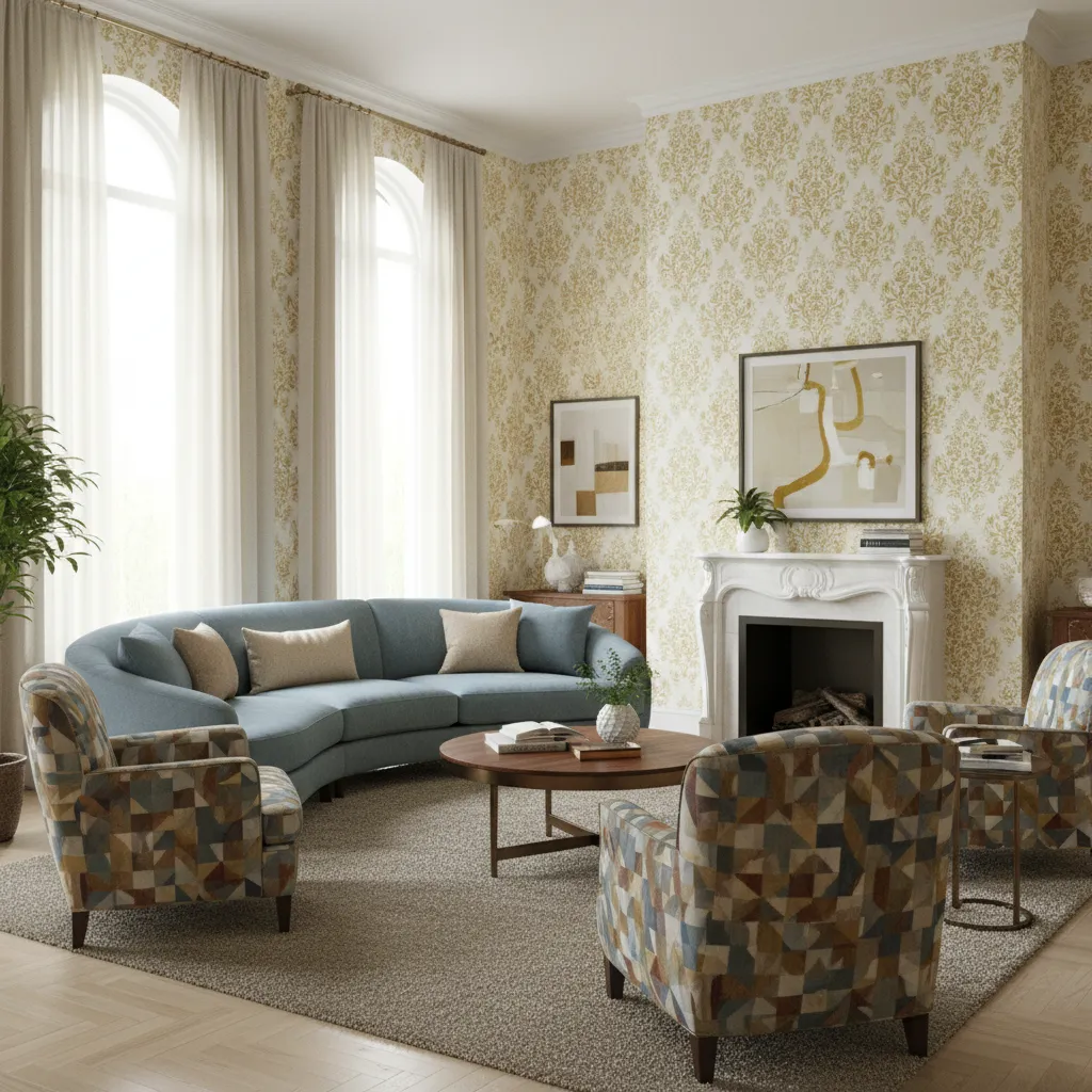 High traffic living room with durable textured damask wallpaper