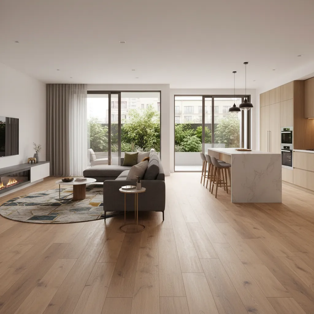 High traffic pathway across luxury vinyl plank floor in open living space