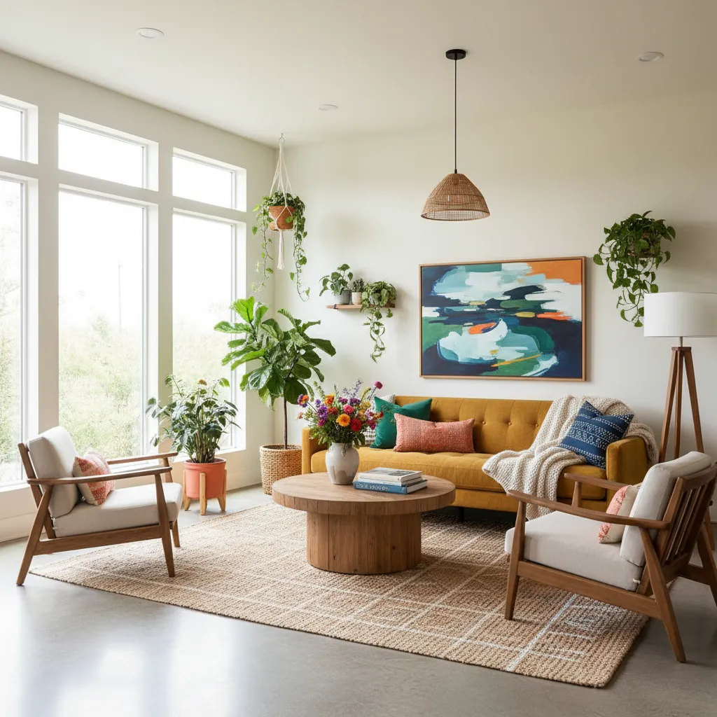 Bright high vibration living room with plants color and natural textures