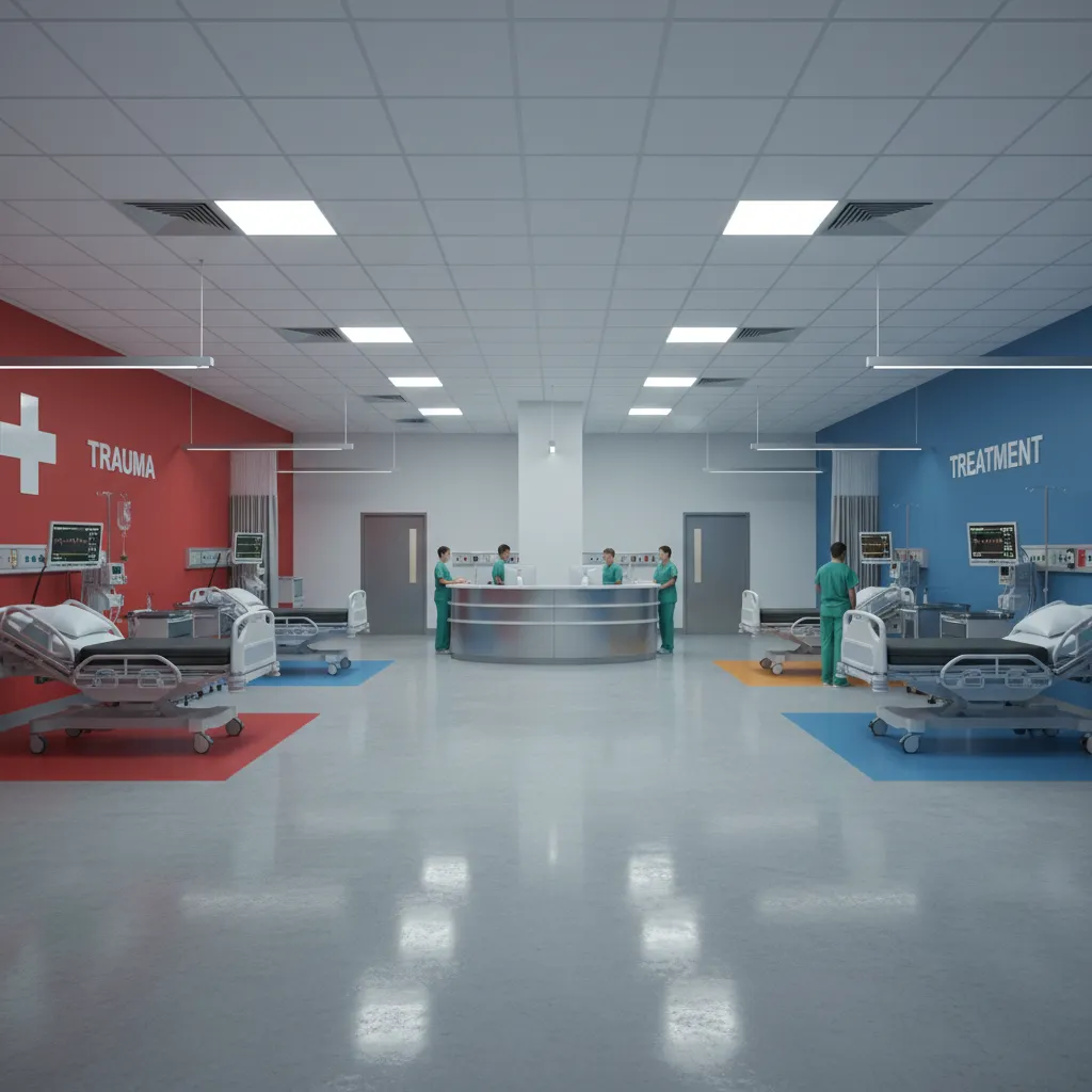 Emergency department with bold color coded treatment zones