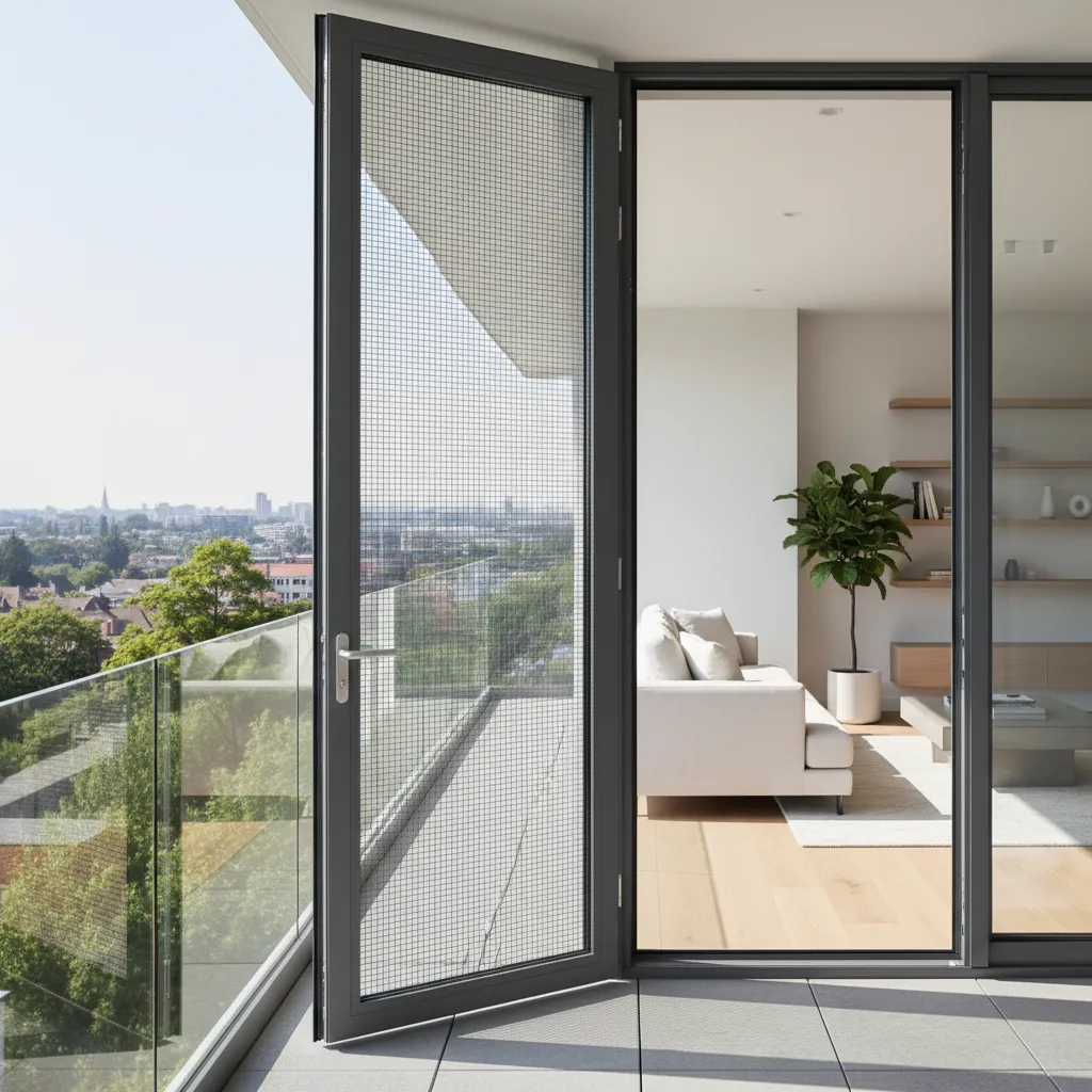 Hinged aluminum mesh door leading to residential balcony