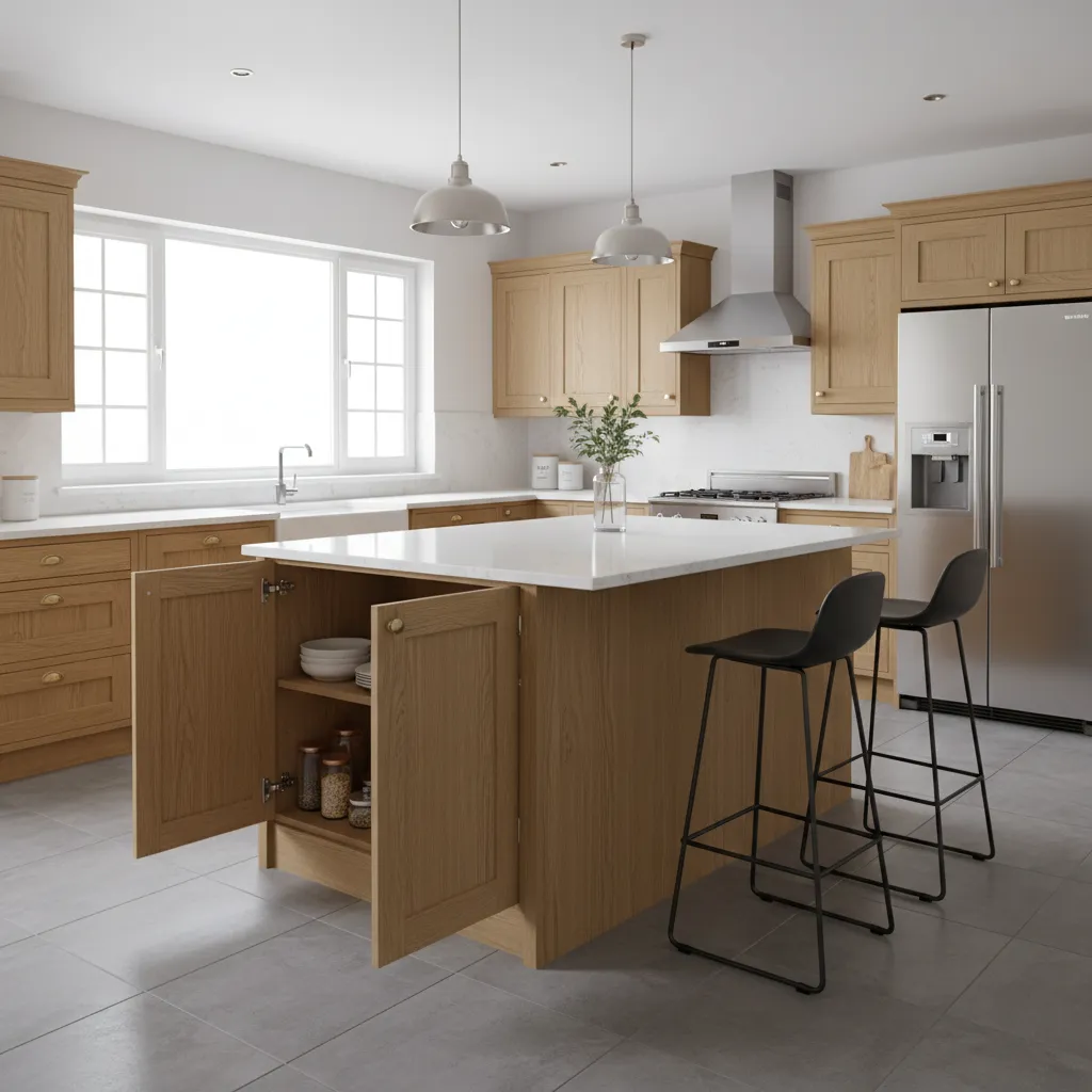 kitchen cabinets with traditional hinged doors opened outward