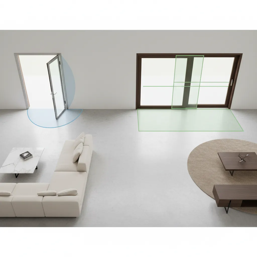 Interior layout comparison showing hinged door swing space versus sliding door clearance