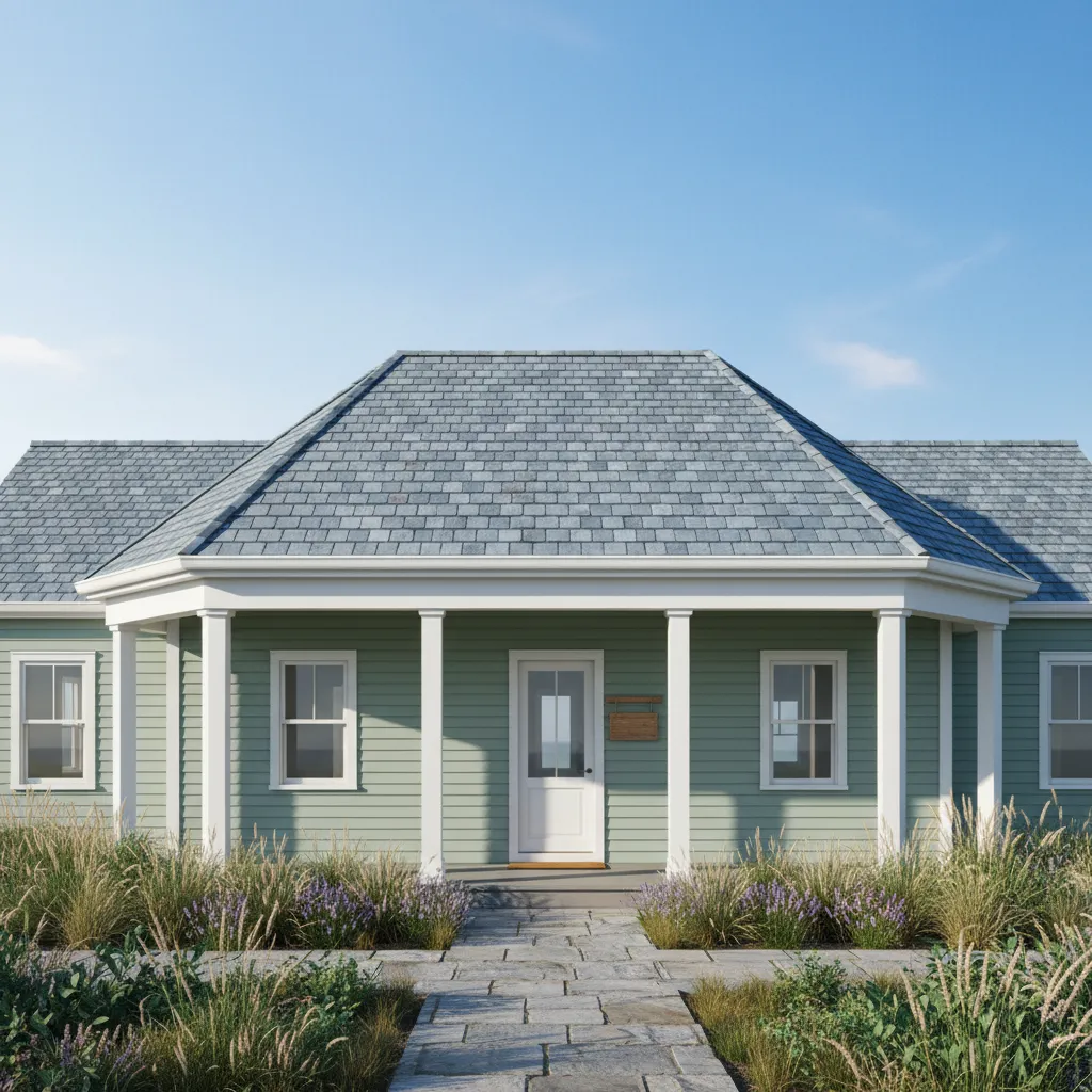 Hip roof porch with four sloping sides on a small home