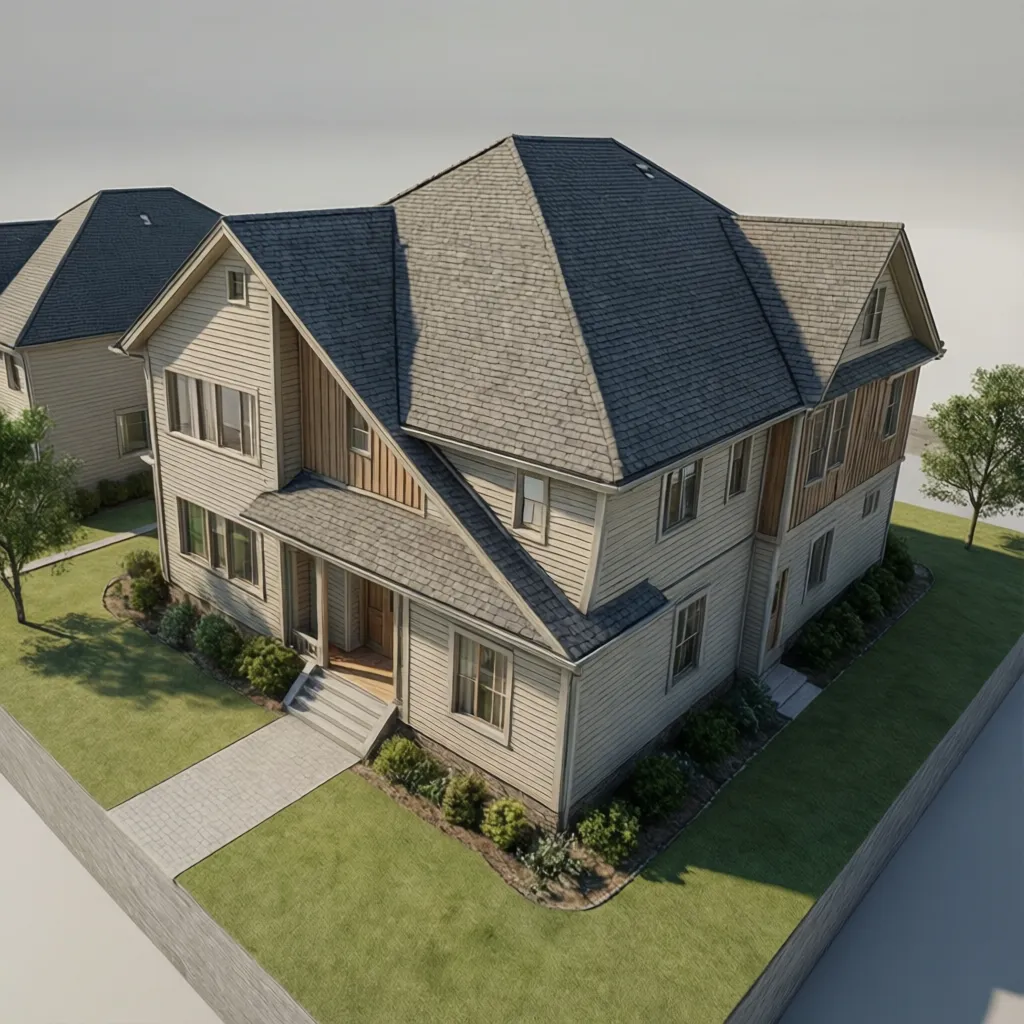 3D model of a house with hip roof geometry