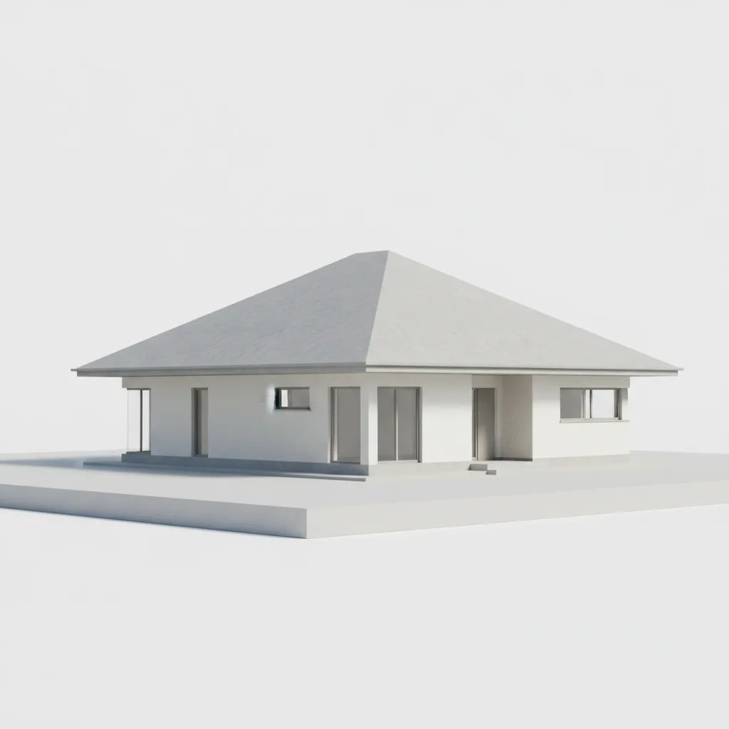3D architectural model showing a house with hip roof design