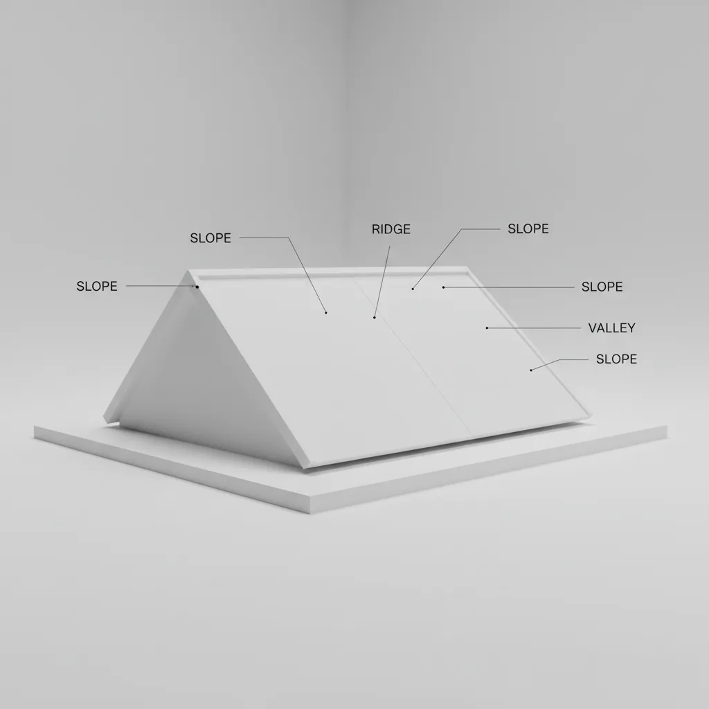 Simple white roof model with labels showing slope ridge and valley parts on white base