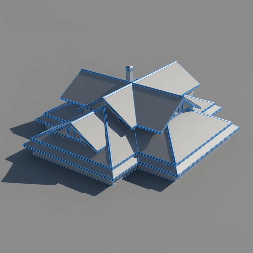hip roof planes intersecting with highlighted edges in 3D model