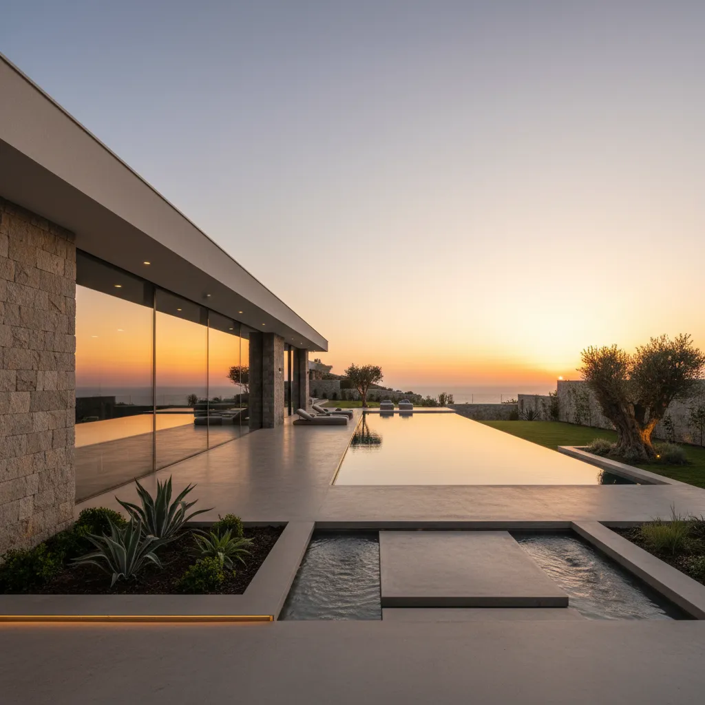 Modern luxury house with glass walls and swimming pool at sunset with beautiful ocean view