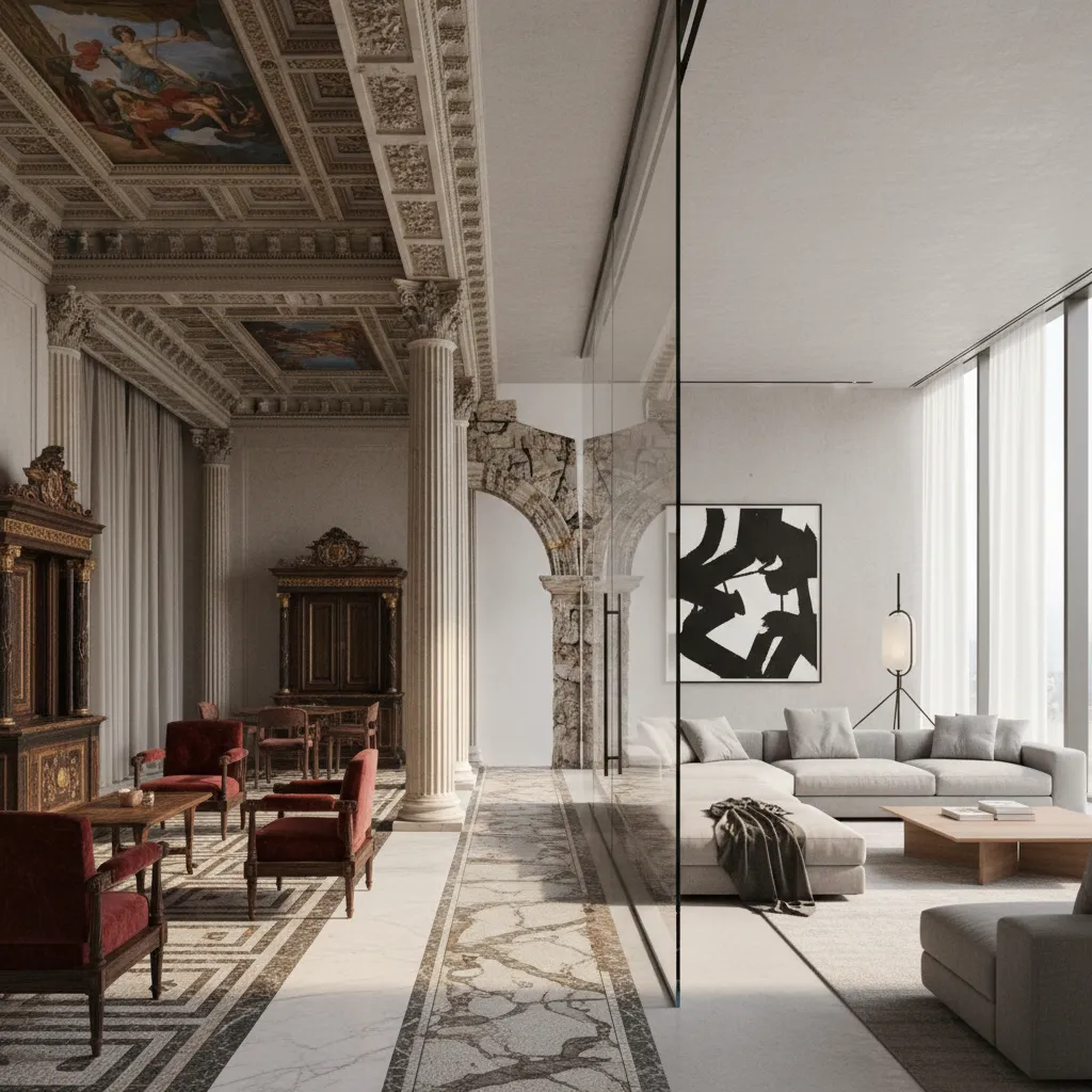 Interior design drawing showing a classic room with red chairs next to a modern sofa