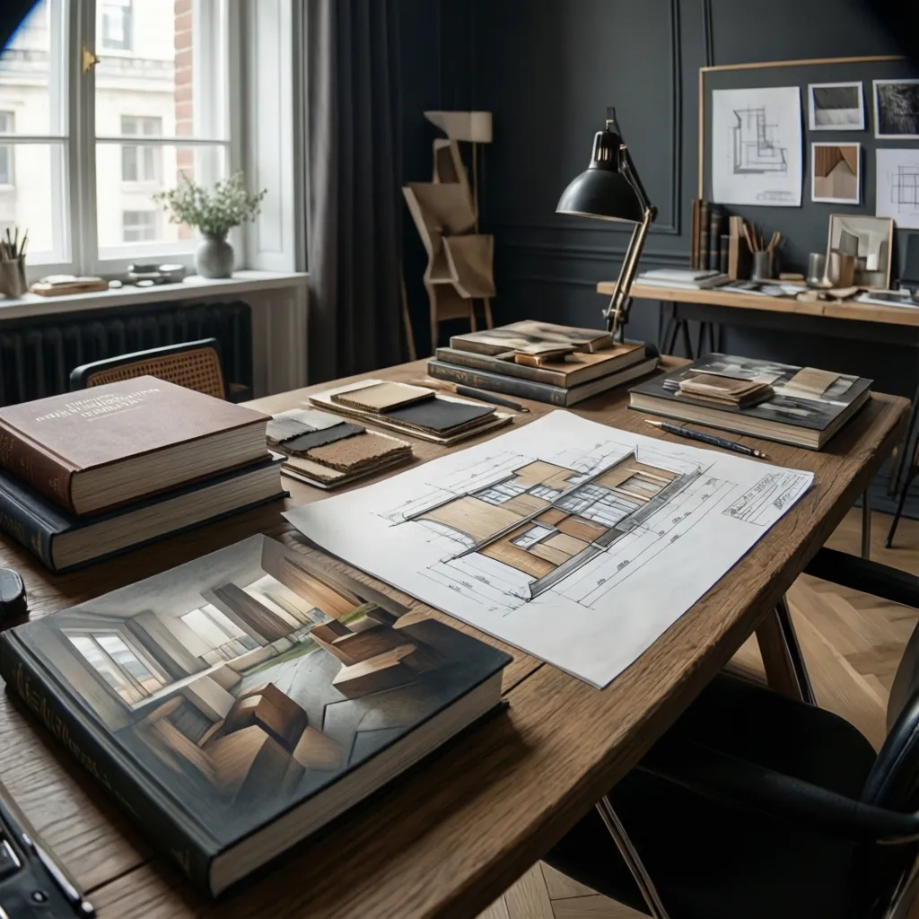Interior design drawing on wooden desk with books fabric samples and modern black desk lamp