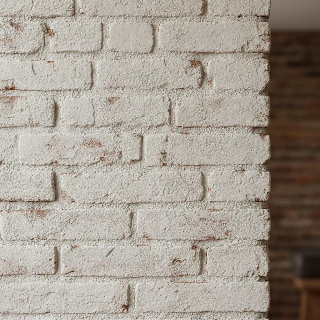 Close view of limewash coating on aged historic brick wall