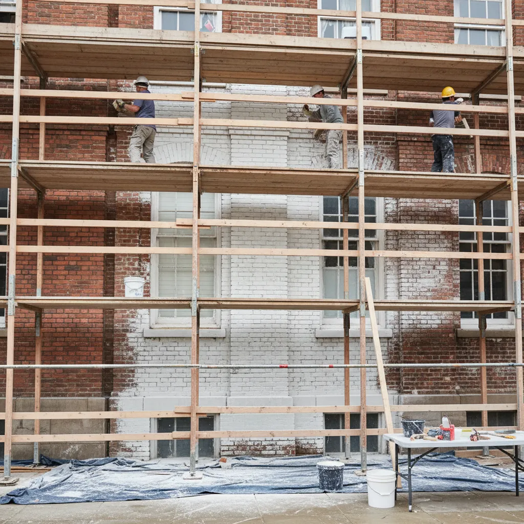 Workers applying limewash to historic brick building during restoration