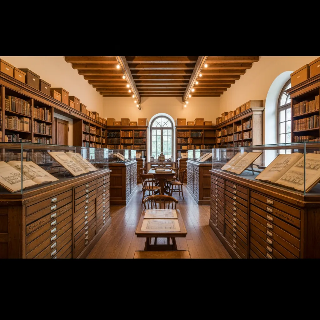 Historic archive room with large drawers storing old architectural building plans