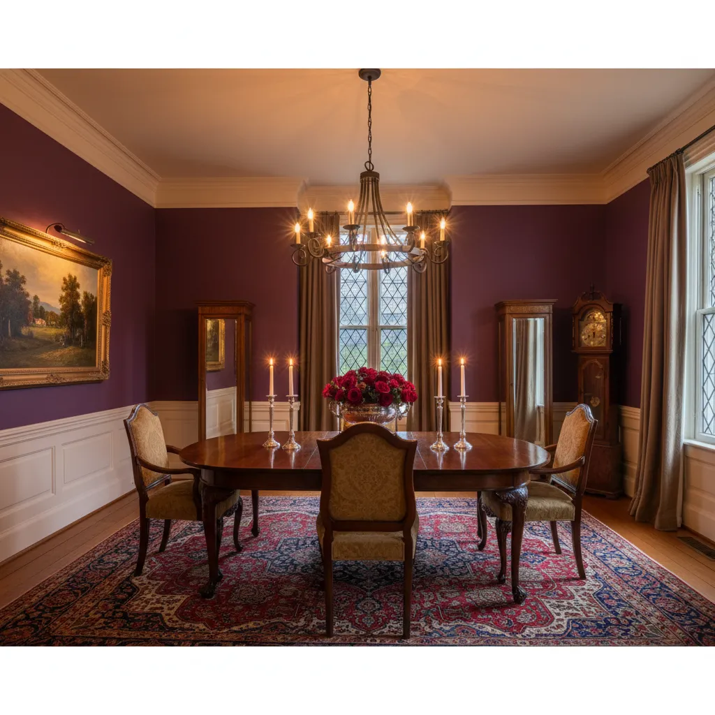 traditional dining room with dark dramatic walls and classic furniture