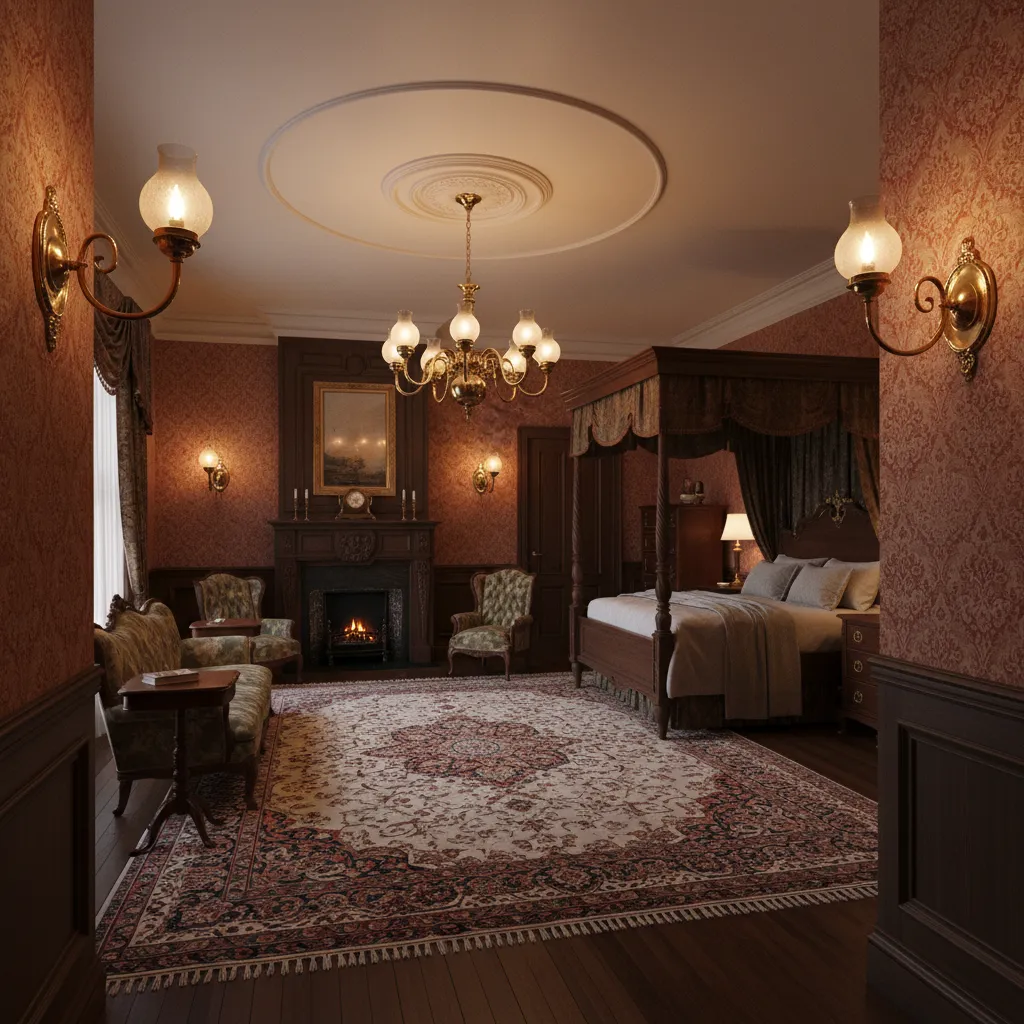 historic interior room with gas wall lamps and chandelier producing warm flame light