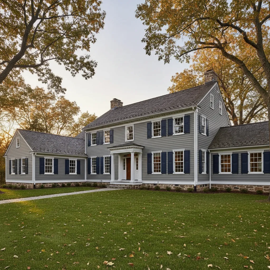 Colonial style house exterior with classic HC color palette and shutters