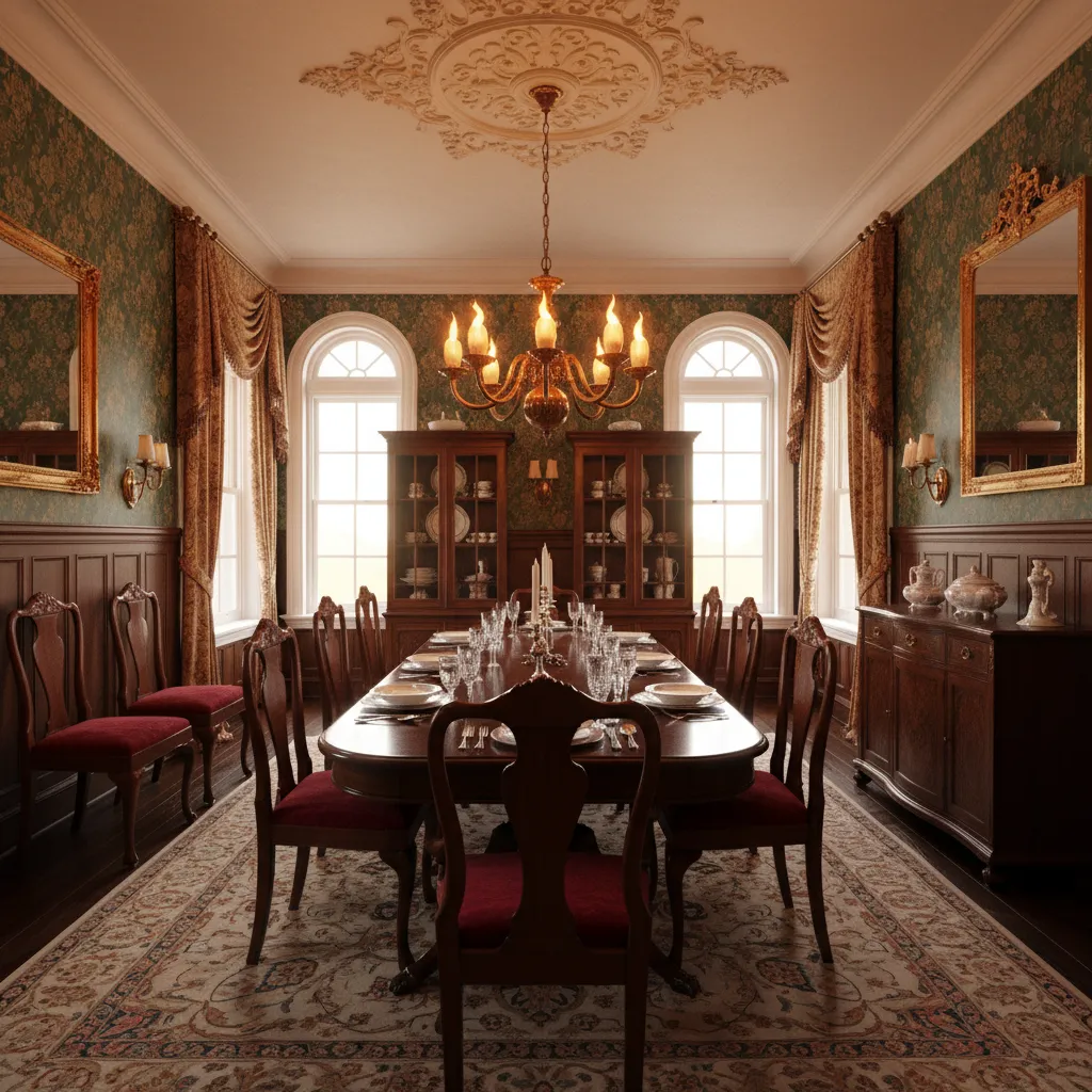 historic dining room with original gas chandelier and classic Victorian interior