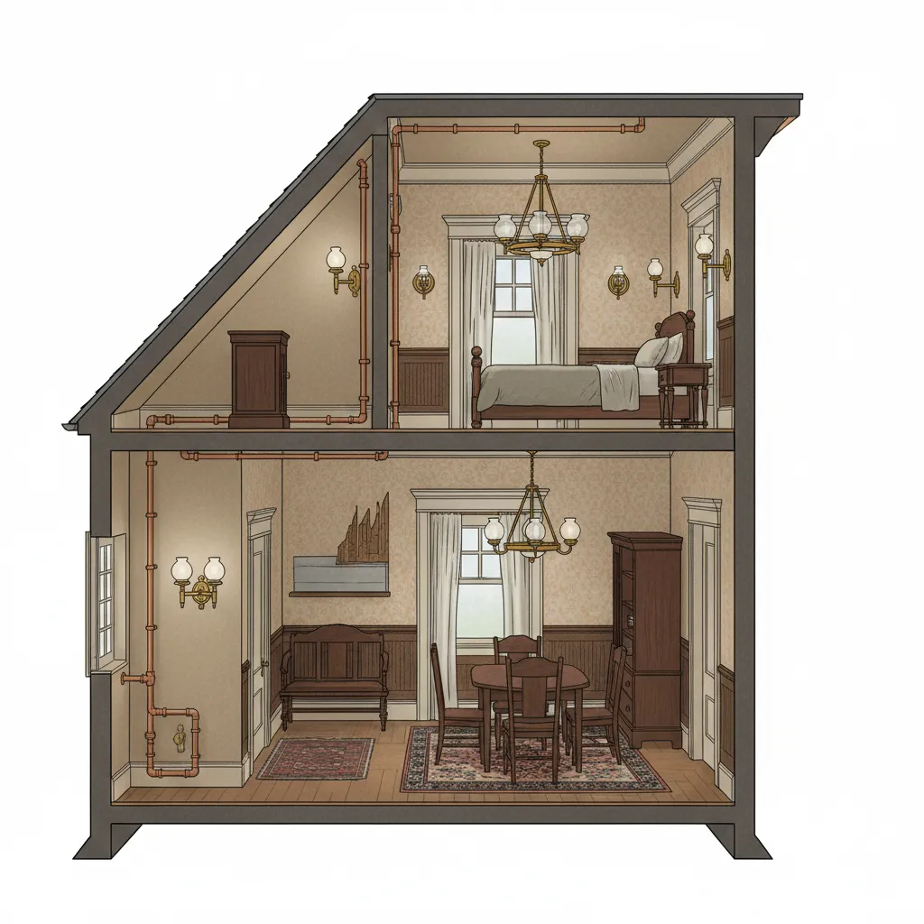 Diagram-style view of gas pipes feeding old ceiling and wall light fixtures