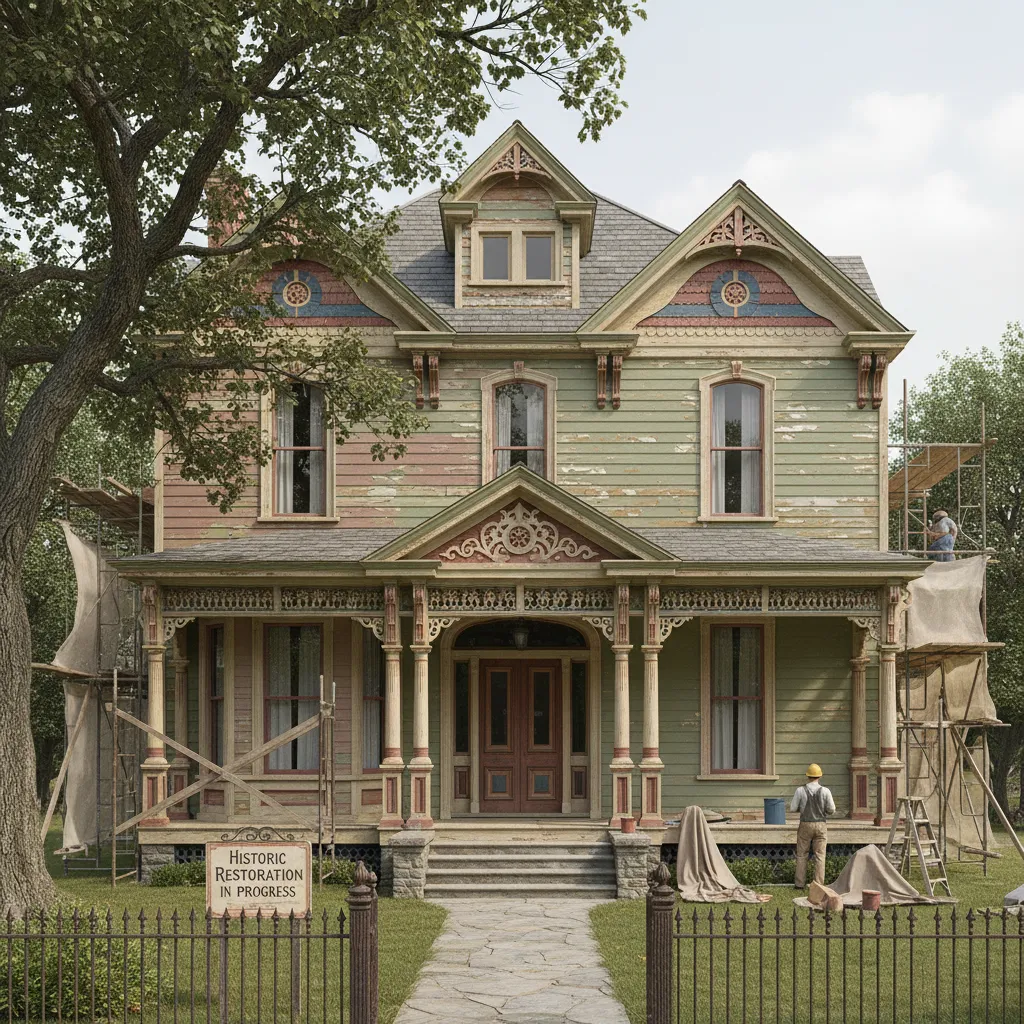 Victorian home exterior with layered historical paint colors highlighting architectural trim